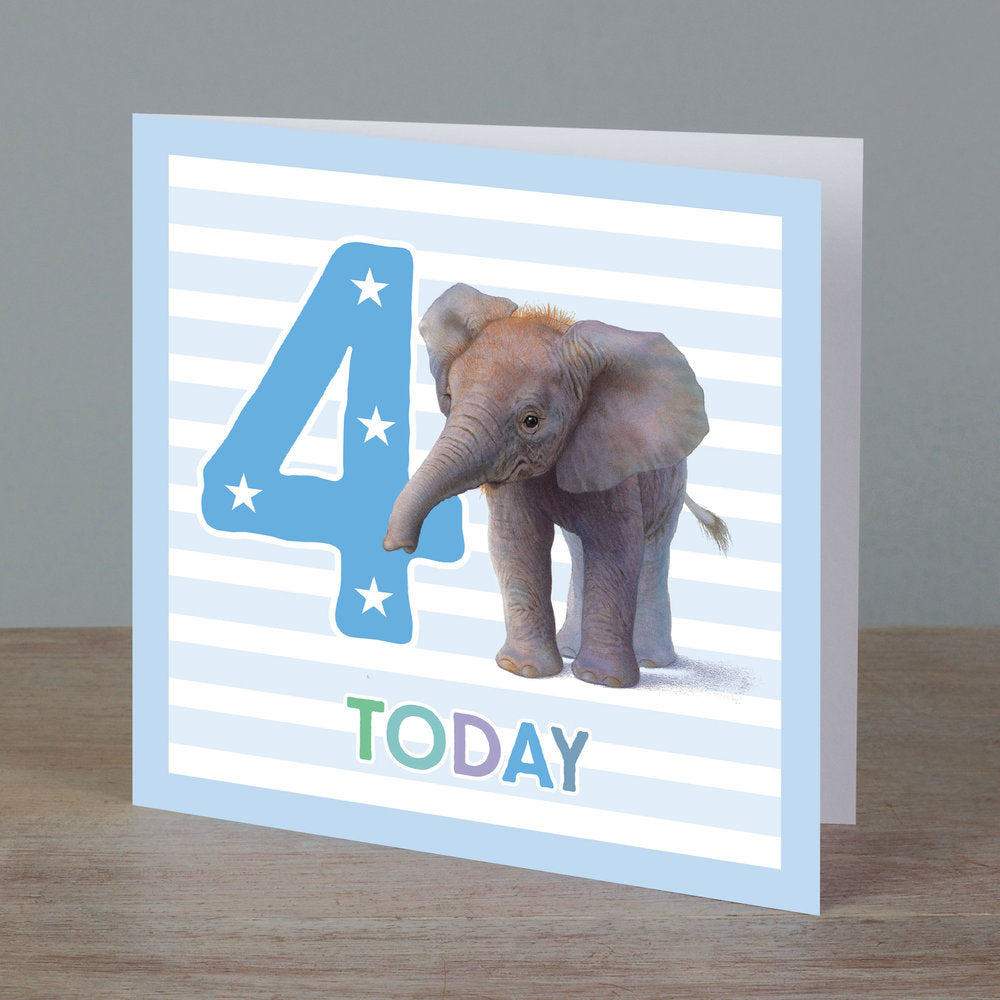 Square birthday card with baby elephant in front of ‘4 today’ baby blue colour
