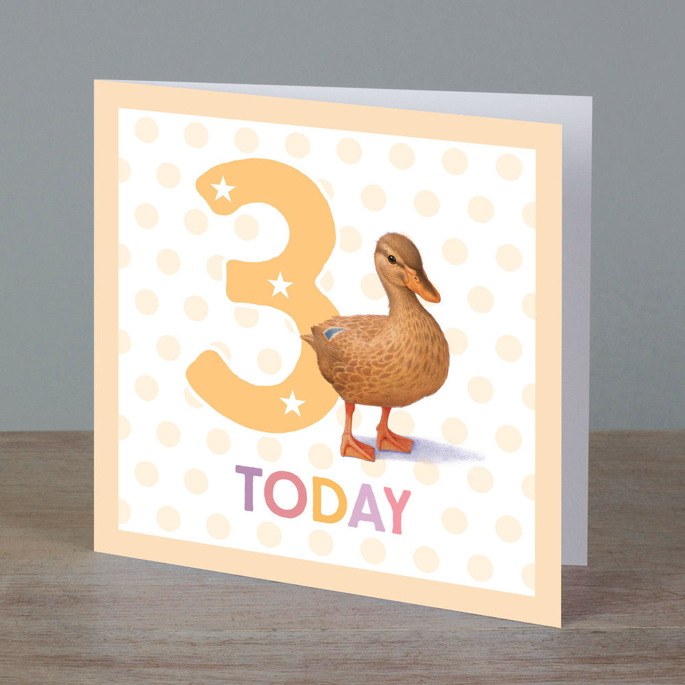 Square birthday card with baby duck in front of ‘3 today’ pale peach colour