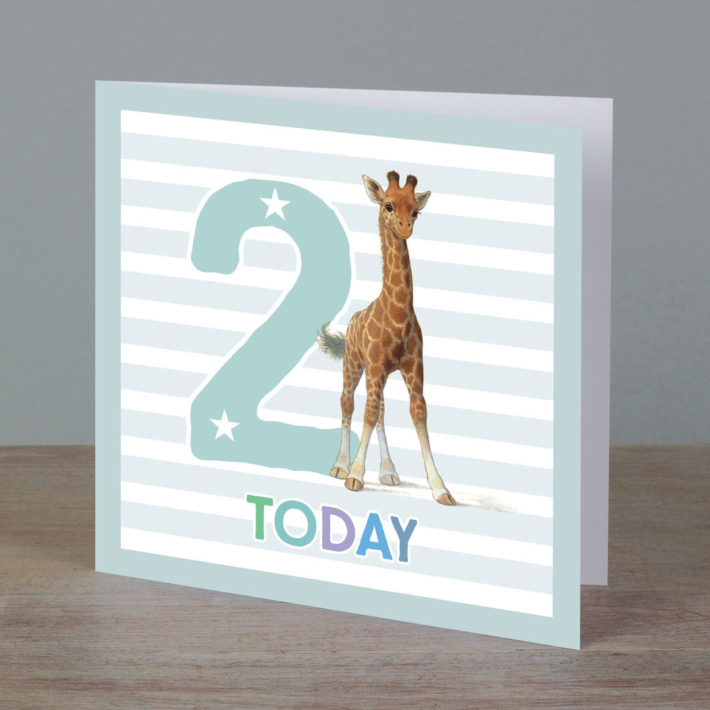 Square birthday card with giraffe in front of ‘2 today’ pale blue colour