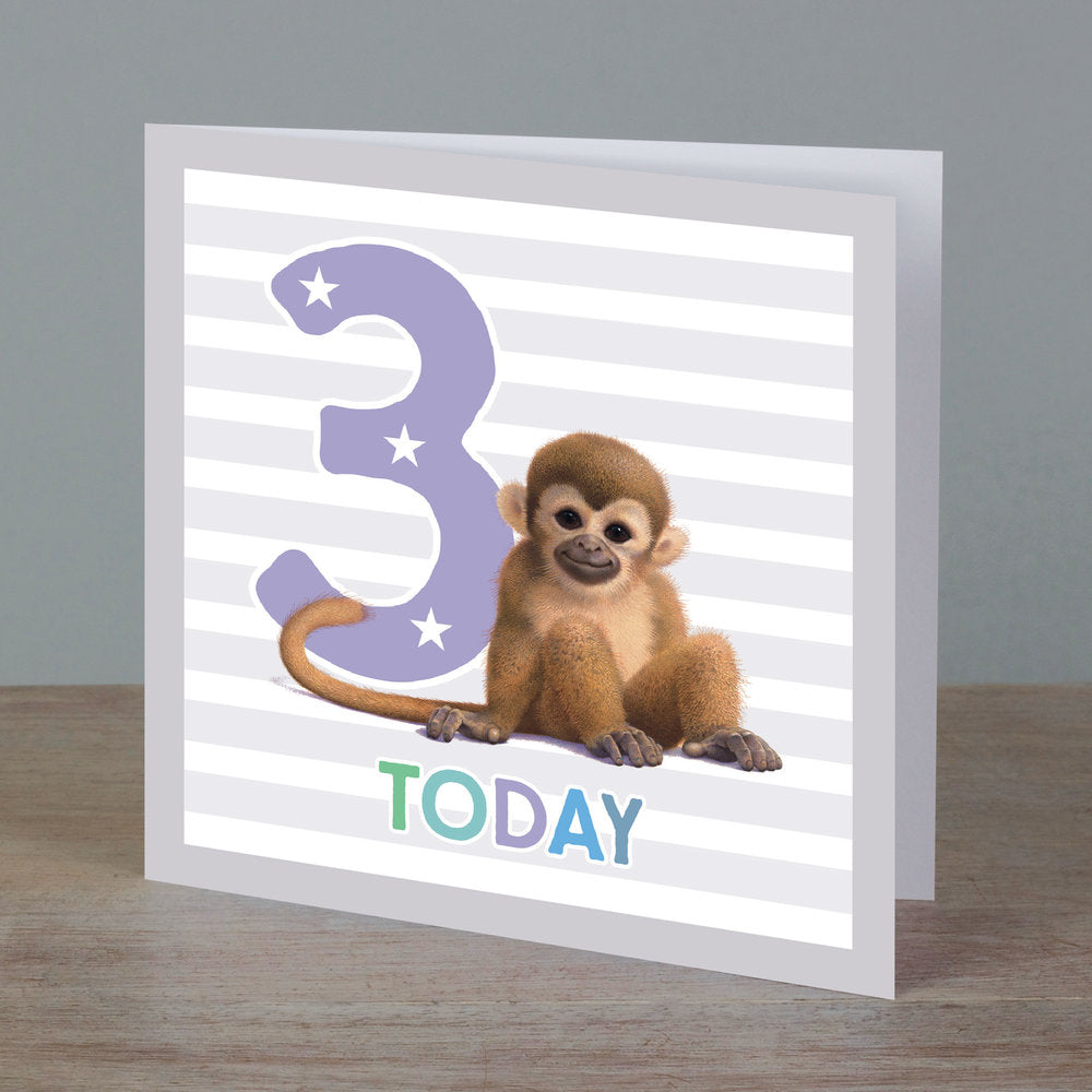 Square birthday card with baby monkey in front of ‘3 today’ pale purple colour