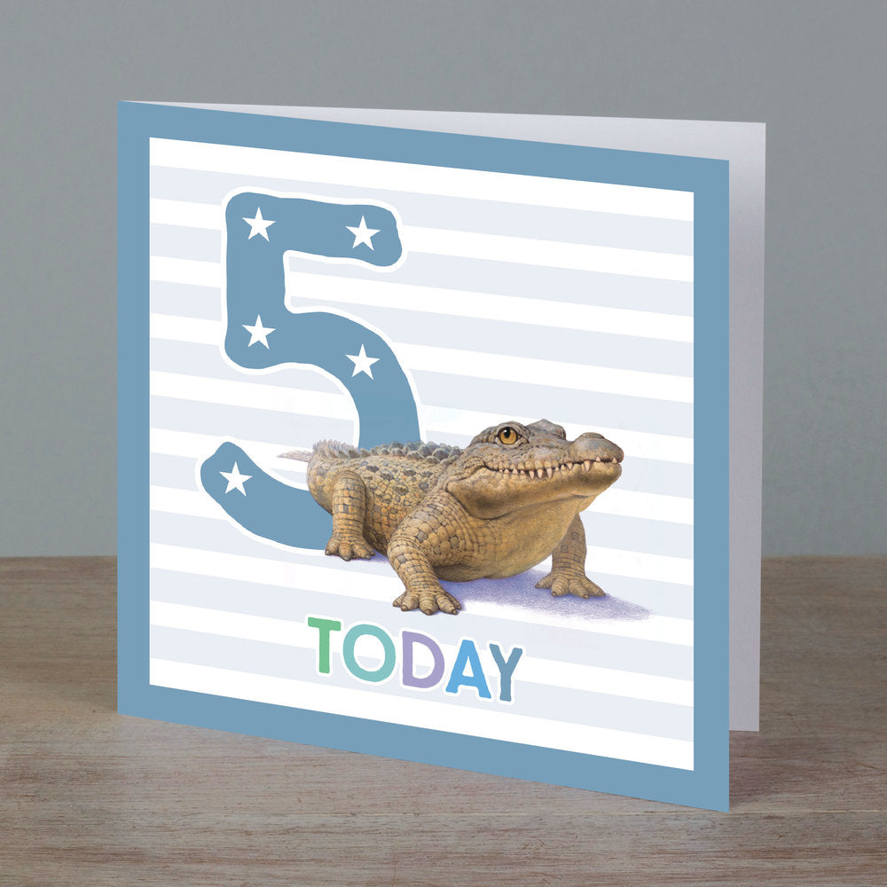 Square birthday card with baby croc in front of ‘5 today’ pale navy colour