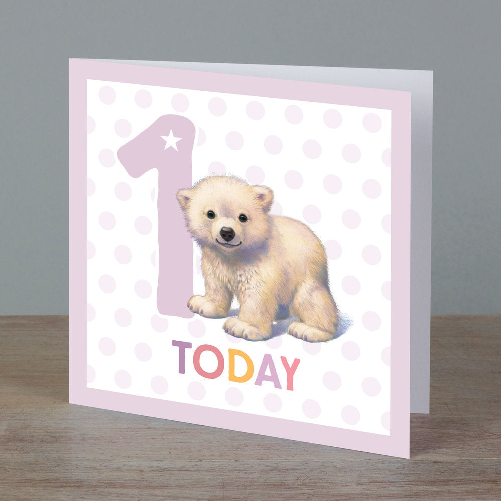 Square birthday card with polar bear in front of ‘1 today’ pale lilac colour
