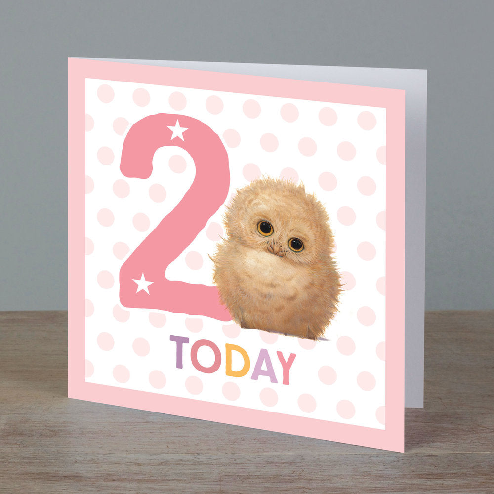 Square birthday card with baby owl in front of ‘2 today’ pale pink colour