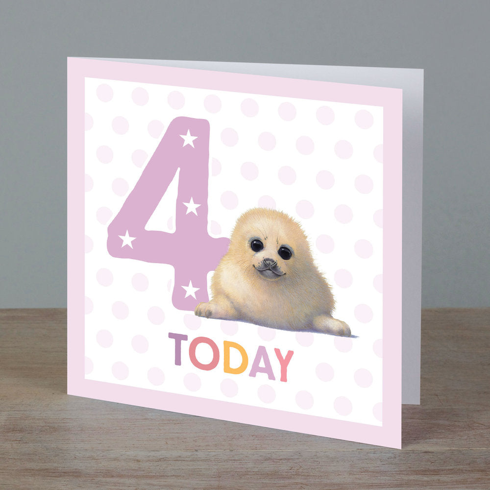 Square birthday card with baby seal in front of ‘4 today’ pale pink colour