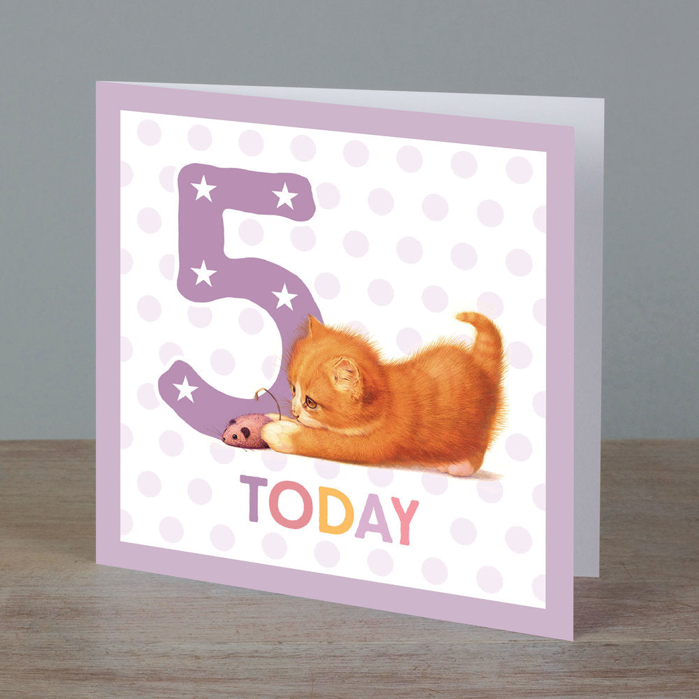 Square birthday card with baby kitten in front of ‘5 today’ pale purple colour